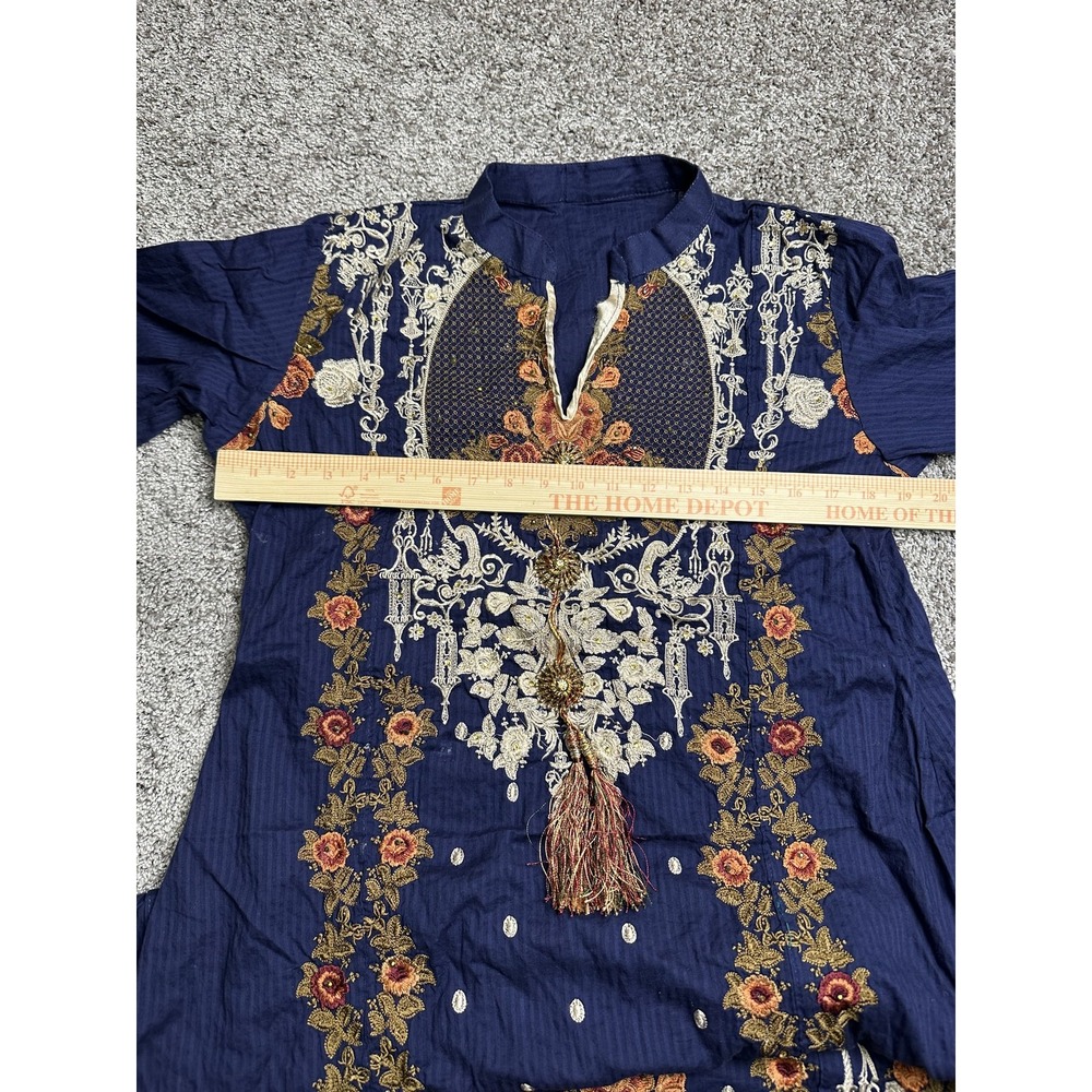 Embroidered Kurta Dress Womens Medium Blue Floral‎ Shalwar Kameez Tassel Ethnic - Picture 16 of 16